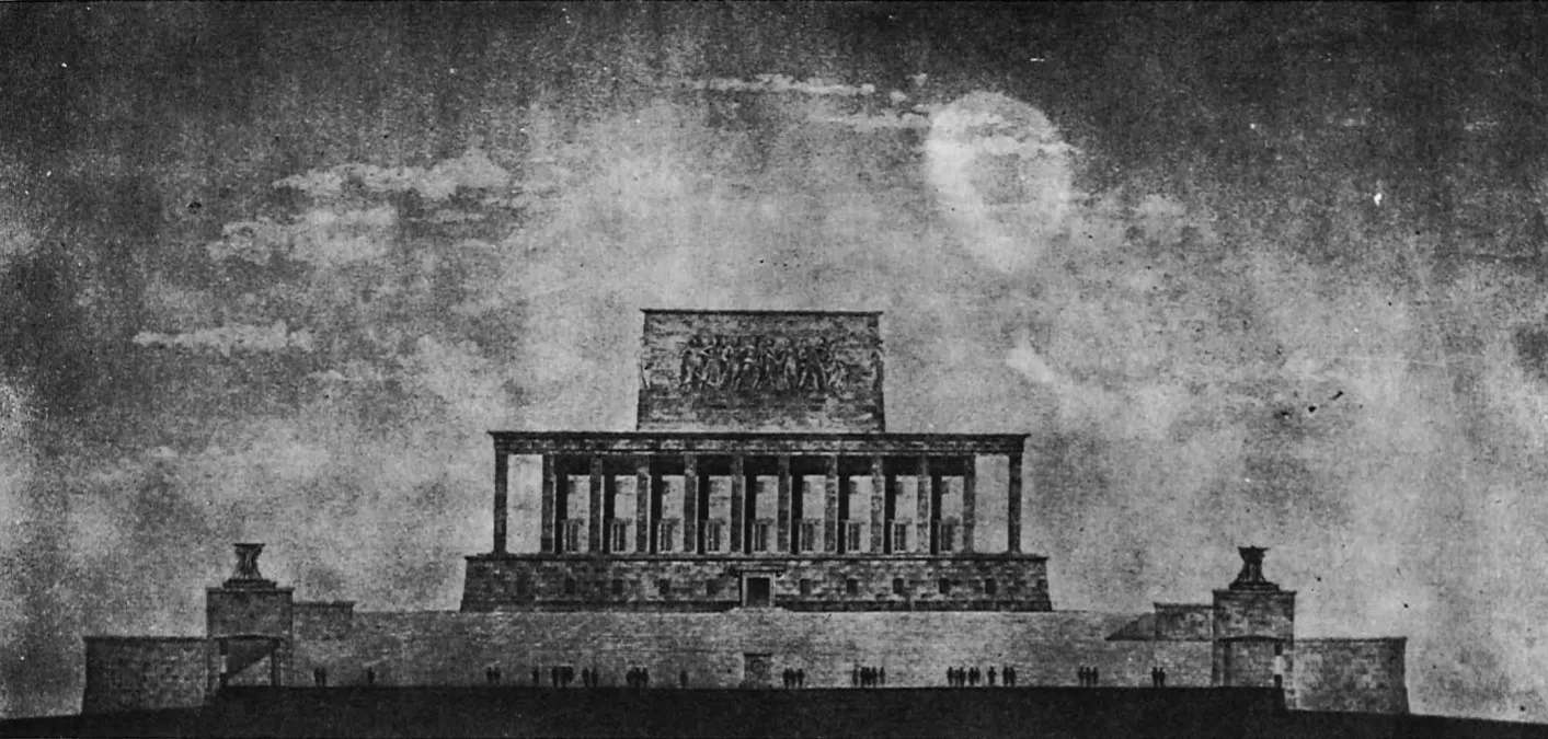 Yarışma sonucu seçilen Anıtkabir projesinin anıt mezar kısmının ilk hâli (üstte) ile projenin ilk hâlinde Şeref Holü'nün görünümü
