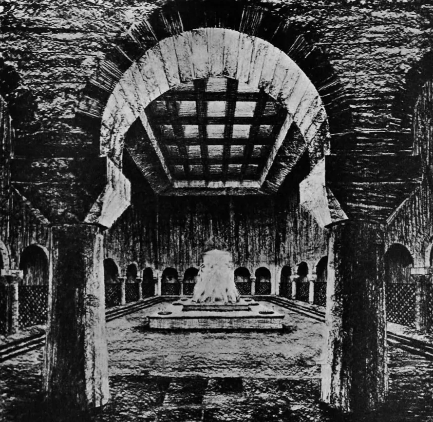 Yarışma sonucu seçilen Anıtkabir projesinin anıt mezar kısmının ilk hâli (üstte) ile projenin ilk hâlinde Şeref Holü'nün görünümü