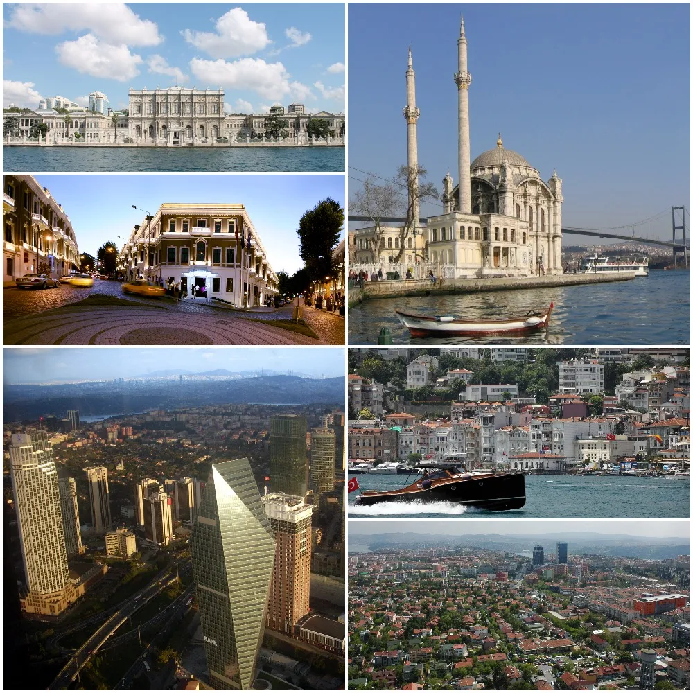 Saat yönünde: Büyük Mecidiye Camii, Arnavutköy, Etiler, Levent, Akaretler Sıra Evleri ve Dolmabahçe Sarayı