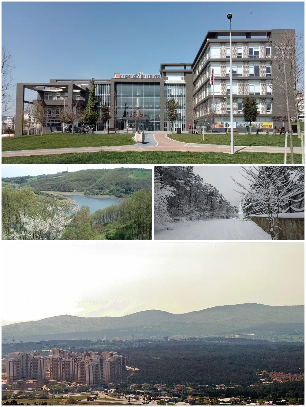 Saat yönünde: ·Belediye binası·Taşdelen Ormanı·Alemdağ Tepesi·Ömerli Barajı