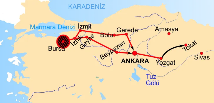 Osmanlı ordusunun muharebe öncesi iki koldan izlediği güzergâh