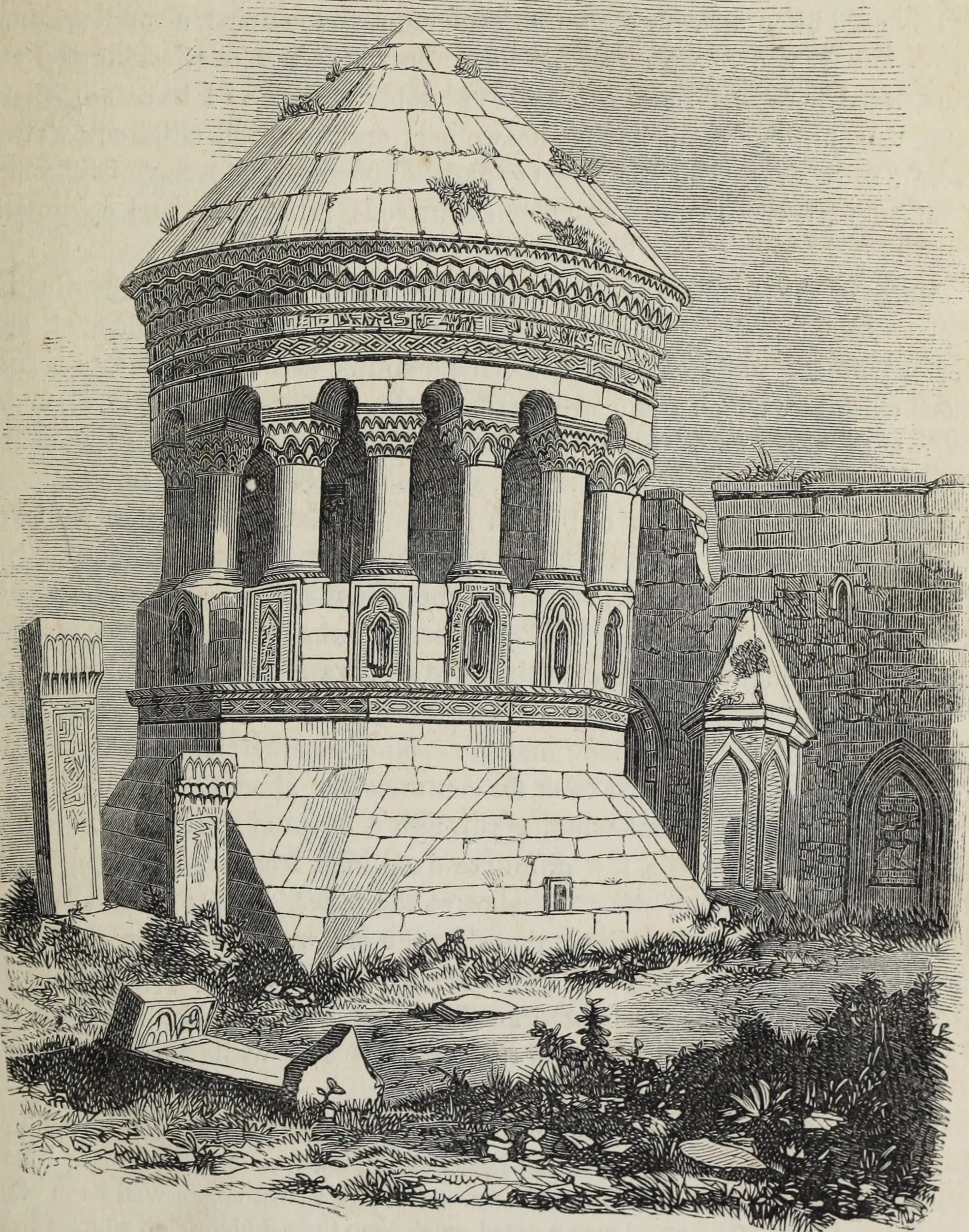 Austen Henry Layard'ın 1859 tarihli Discoveries in the Ruins of Nineveh and Babylon (soldaki) ile Paul Müller-Simonis'in 1897 tarihli Vom Kaukasus zum Persischen Meerbusen adlı eserlerinde yer alan kümbetin tasvirleri