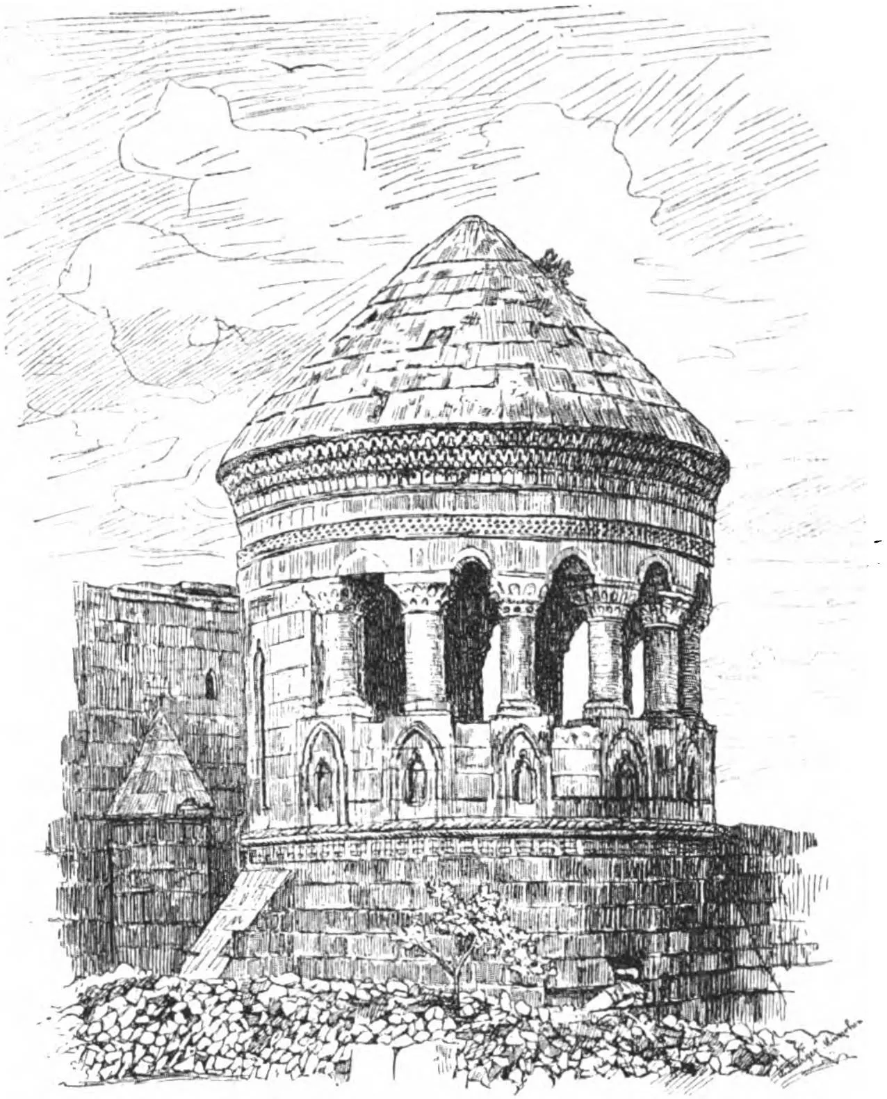 Austen Henry Layard'ın 1859 tarihli Discoveries in the Ruins of Nineveh and Babylon (soldaki) ile Paul Müller-Simonis'in 1897 tarihli Vom Kaukasus zum Persischen Meerbusen adlı eserlerinde yer alan kümbetin tasvirleri