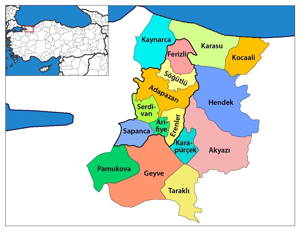 Kaynarca'nın Sakarya ve Türkiye üzerindeki konumu