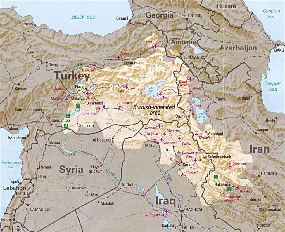 Kürtlerin yaşadığı bölgeler (CIA, 1992'ye göre)