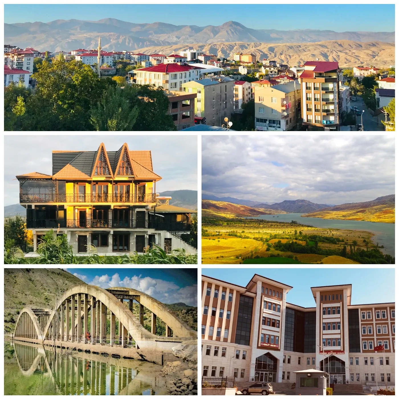 Yukarıdan aşağıya: Suşehri ilçesinin genel bir görünümü • Solak köyü Yeniköy mezrası • Kılıçkaya Barajı • Akçaağıl Köprüsü • Hükümet Konağı binası